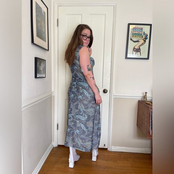 60s-70s Blue Paisley Lurex Hostess Dress - Picture 2 of 9